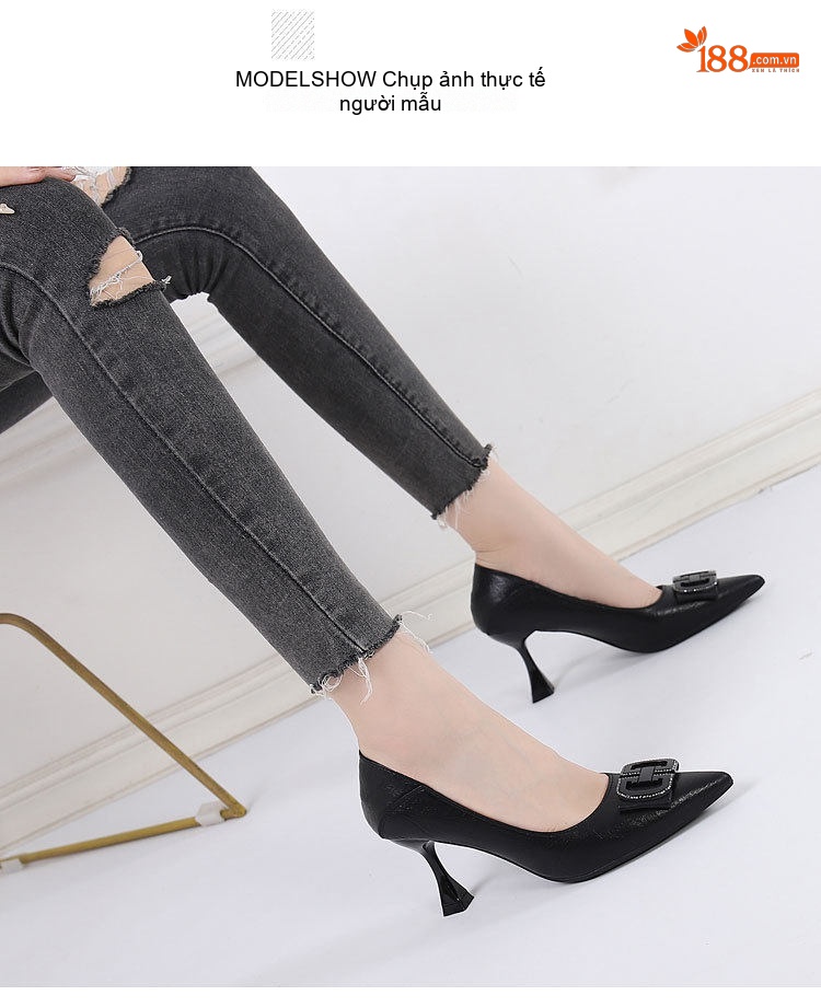 Giày Cao Gót Nữ Mũi Nhọn Da Mềm Khóa Đá Chiều Cao Đế Khoảng 5cm Màu Đen, Kem chi tiết 26