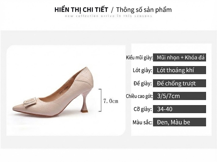 Giày Cao Gót Nữ Mũi Nhọn Da Mềm Khóa Đá Chiều Cao Đế Khoảng 5cm Màu Đen, Kem chi tiết 7