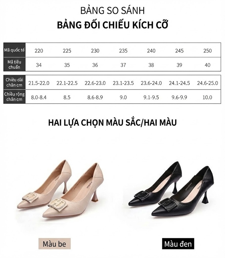 Giày Cao Gót Nữ Mũi Nhọn Da Mềm Khóa Đá Chiều Cao Đế Khoảng 5cm Màu Đen, Kem chi tiết 8