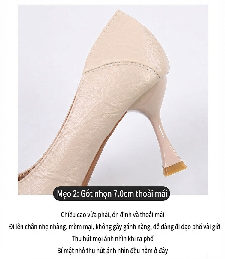 Giày Cao Gót Nữ Mũi Nhọn Da Mềm Khóa Đá Chiều Cao Đế Khoảng 5cm Màu Đen, Kem chi tiết 10