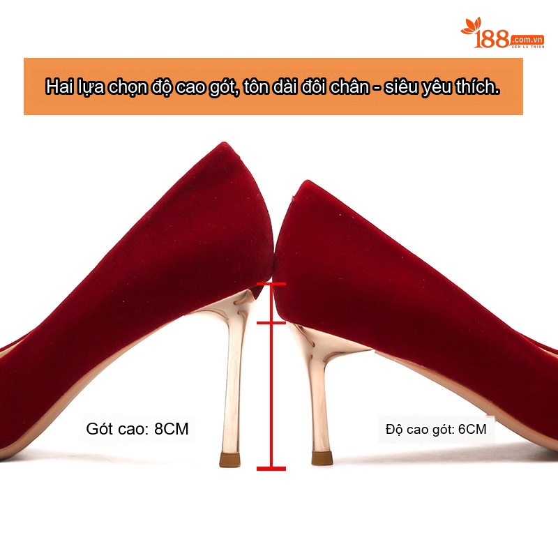 Giày Cao Gót Nữ Mũi Nhọn Da Mờ Chiều Cao Đế 6cm và 8cm Màu Đỏ, Trắng
