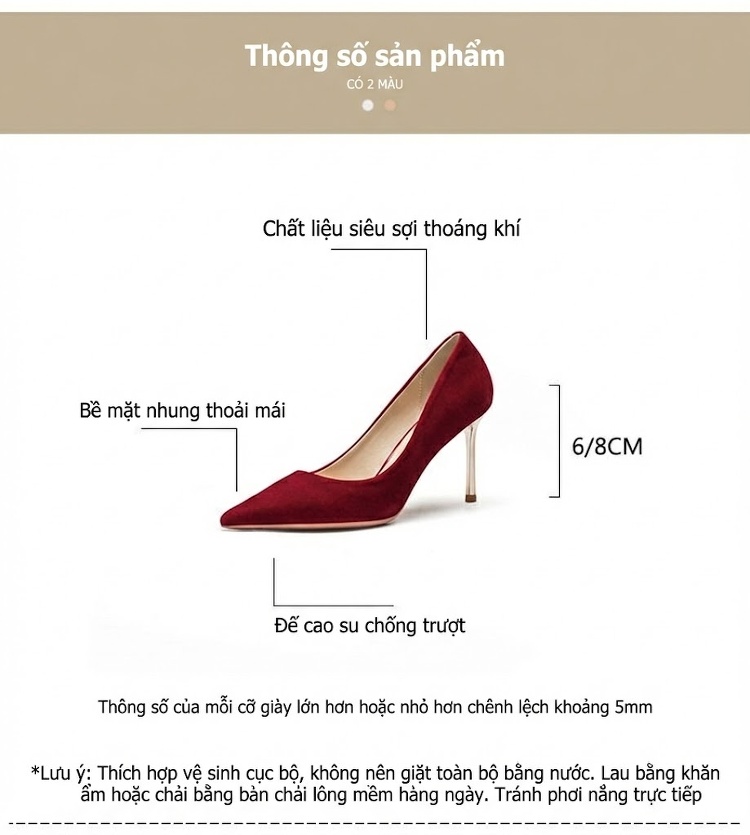 Giày Cao Gót Nữ Mũi Nhọn Da Mờ Chiều Cao Đế 6cm và 8cm Màu Đỏ, Trắng chi tiết 4