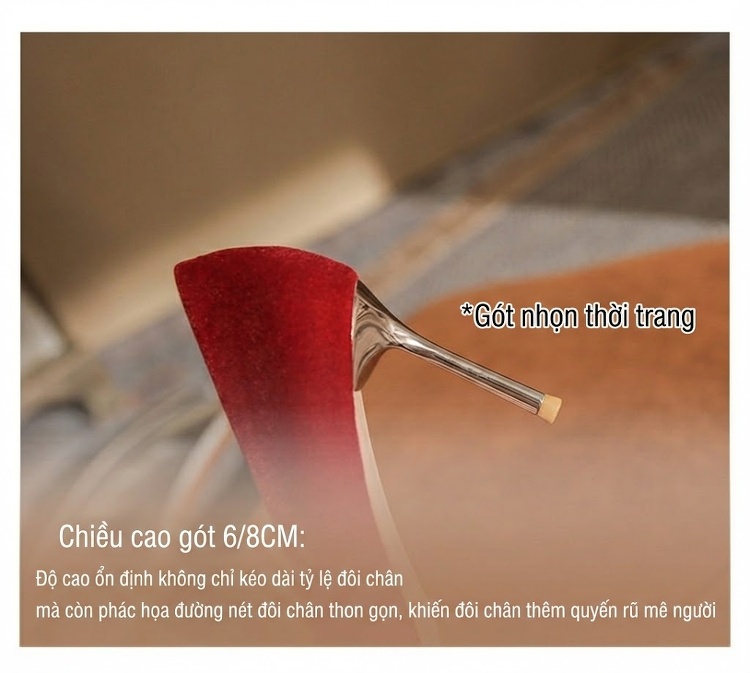 Giày Cao Gót Nữ Mũi Nhọn Da Mờ Chiều Cao Đế 8cm Màu Đỏ, Trắng chi tiết 9