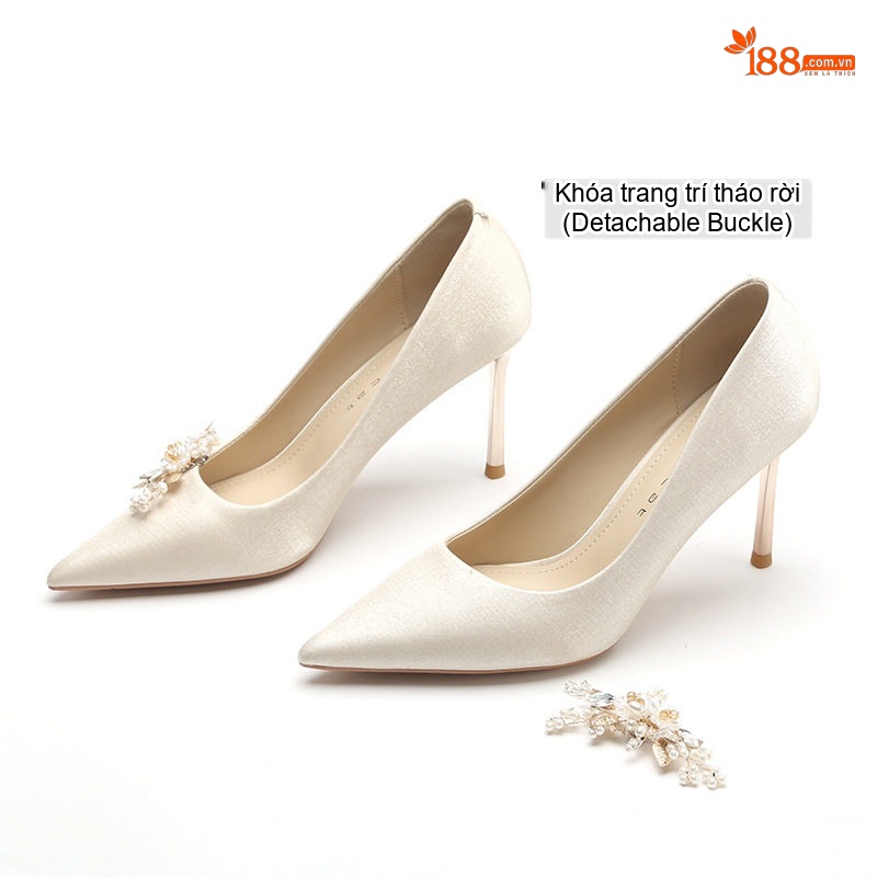 Giày Cao Gót Nữ Mũi Nhọn Da Mờ Chiều Cao Đế 8cm Màu Đỏ, Trắng