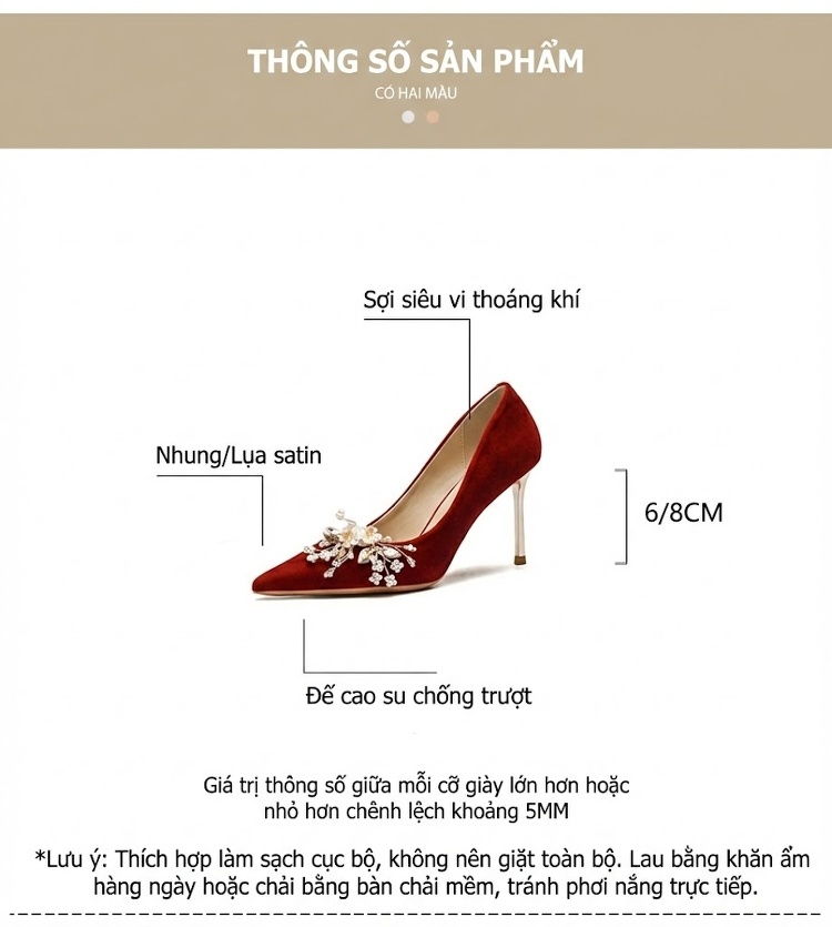 Giày Cao Gót Nữ Mũi Nhọn Da Mờ Chiều Cao Đế 8cm Màu Đỏ, Trắng chi tiết 4