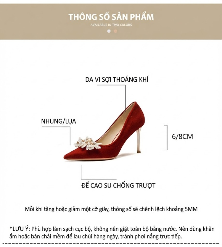 Giày Cao Gót Nữ Mũi Nhọn Da Mờ Chiều Cao Đế 8cm Quai Hậu Dự Tiệc Cưới Màu Trắng, Đỏ chi tiết 4