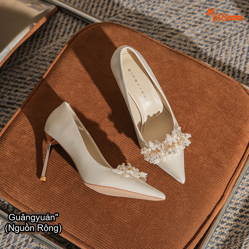 Giày Cao Gót Nữ Mũi Nhọn Da Mờ Chiều Cao Đế 8cm Quai Hậu Dự Tiệc Cưới Màu Trắng, Đỏ