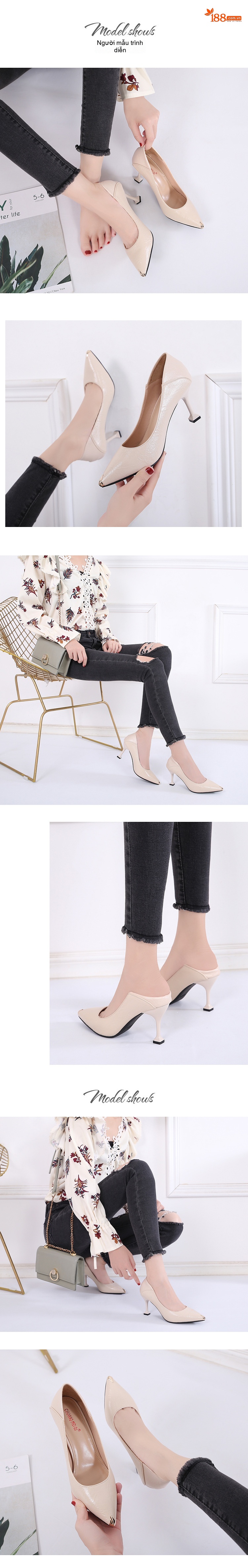 Giày Cao Gót Nữ Mũi Nhọn Da Mờ Chiều Cao Đế Khoảng 3cm Màu Đen, Kem chi tiết 3