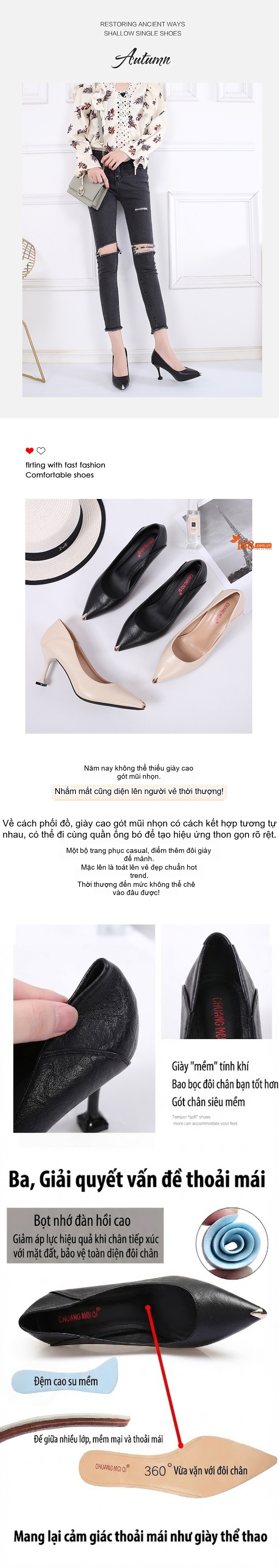 Giày Cao Gót Nữ Mũi Nhọn Da Mờ Chiều Cao Đế Khoảng 3cm Màu Đen, Kem chi tiết 1