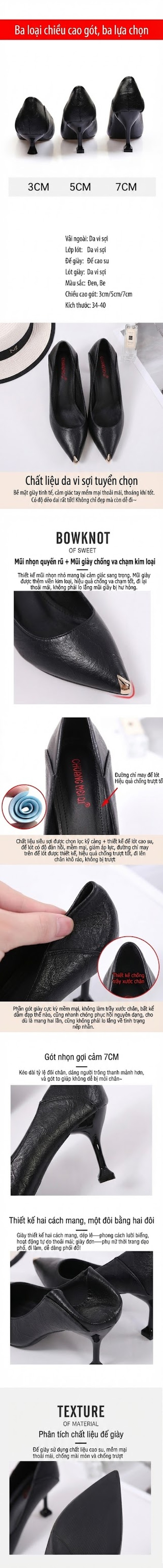 Giày Cao Gót Nữ Mũi Nhọn Da Mờ Chiều Cao Đế Khoảng 3cm Màu Đen, Kem chi tiết 2