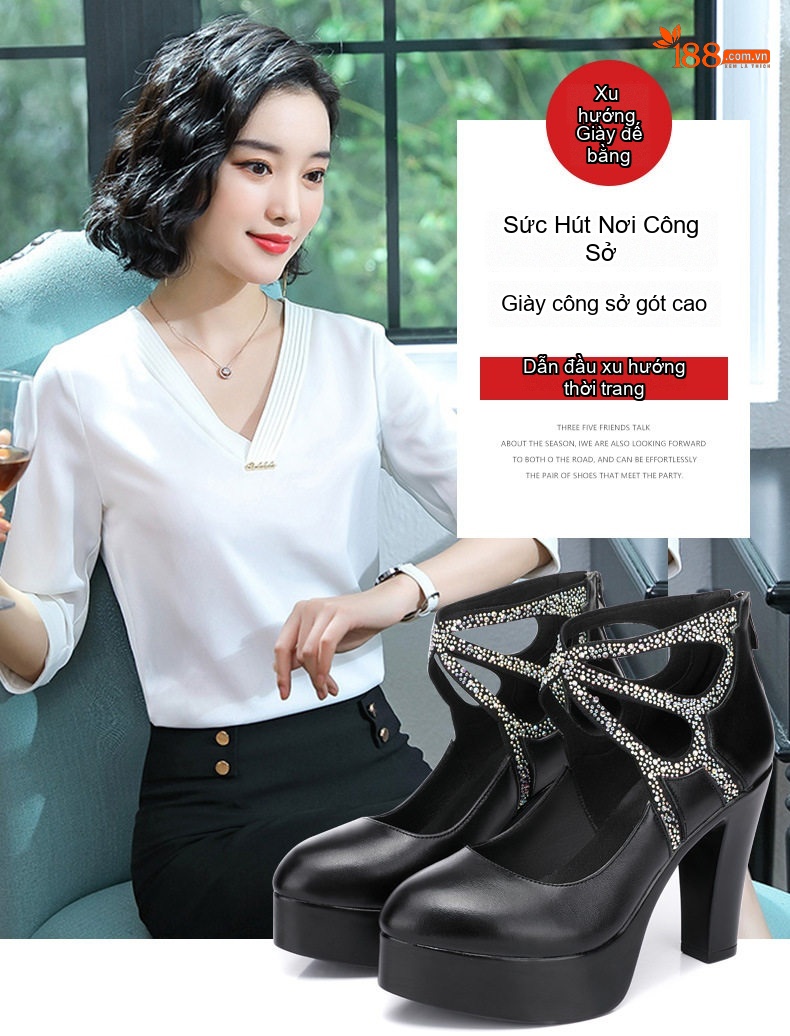Giày Cao Gót Nữ Mũi Nhọn Đế Xuồng Chiều Cao Đế Khoảng 10cm Quai Họa Tiết Màu Đen chi tiết 1