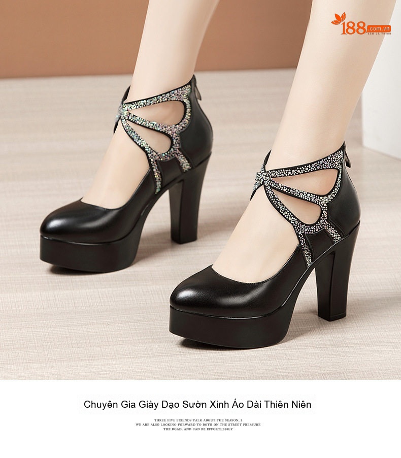 Giày Cao Gót Nữ Mũi Nhọn Đế Xuồng Chiều Cao Đế Khoảng 10cm Quai Họa Tiết Màu Đen chi tiết 12