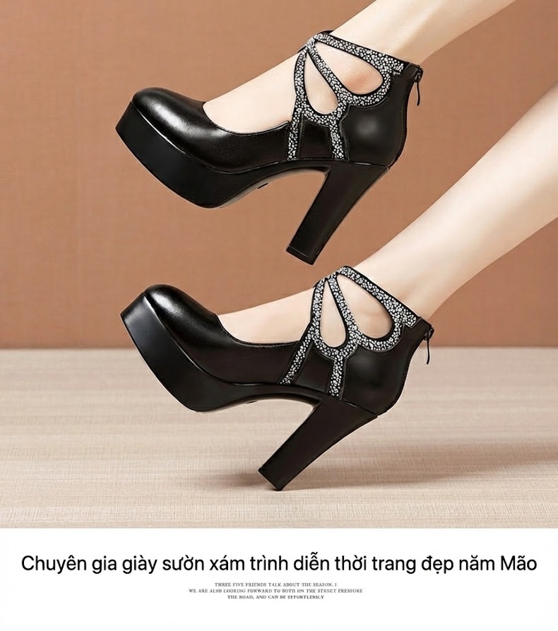Giày Cao Gót Nữ Mũi Nhọn Đế Xuồng Chiều Cao Đế Khoảng 10cm Quai Họa Tiết Màu Đen chi tiết 14