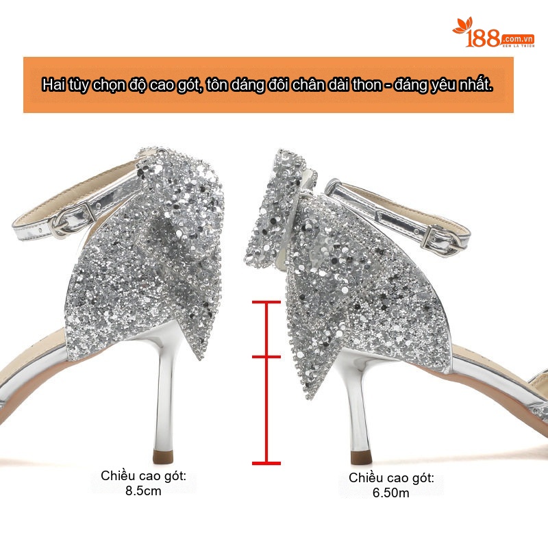 Giày Cao Gót Nữ Mũi Nhọn Đính Đá Chiều Cao Đế 6.5cm Quai Mảnh Nơ Bướm Màu Bạc
