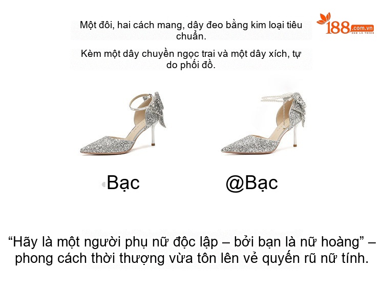 Giày Cao Gót Nữ Mũi Nhọn Đính Đá Chiều Cao Đế 6.5cm Quai Mảnh Nơ Bướm Màu Bạc chi tiết 3