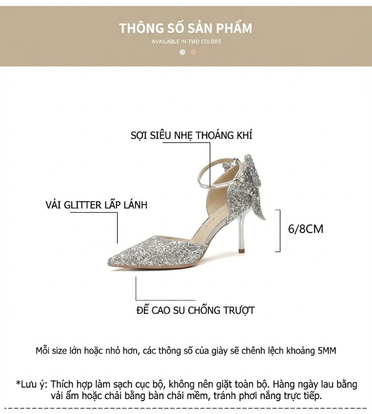 Giày Cao Gót Nữ Mũi Nhọn Đính Đá Chiều Cao Đế 6.5cm Quai Mảnh Nơ Bướm Màu Bạc chi tiết 4