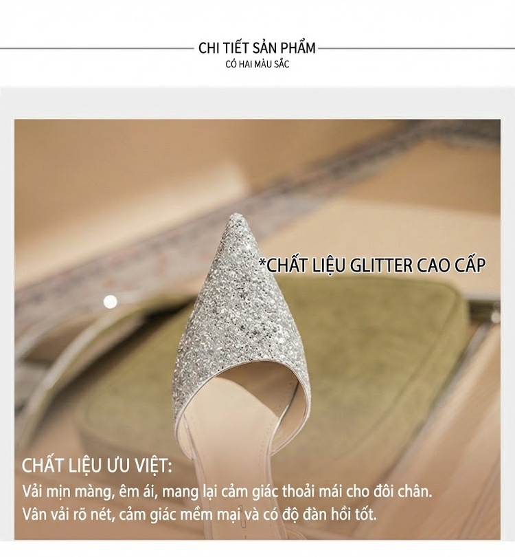 Giày Cao Gót Nữ Mũi Nhọn Đính Đá Chiều Cao Đế 6.5cm Quai Mảnh Nơ Bướm Màu Bạc chi tiết 7