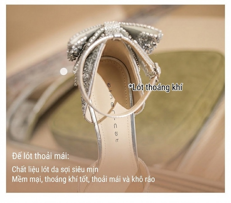 Giày Cao Gót Nữ Mũi Nhọn Đính Đá Chiều Cao Đế 6.5cm Quai Mảnh Nơ Bướm Màu Bạc chi tiết 8