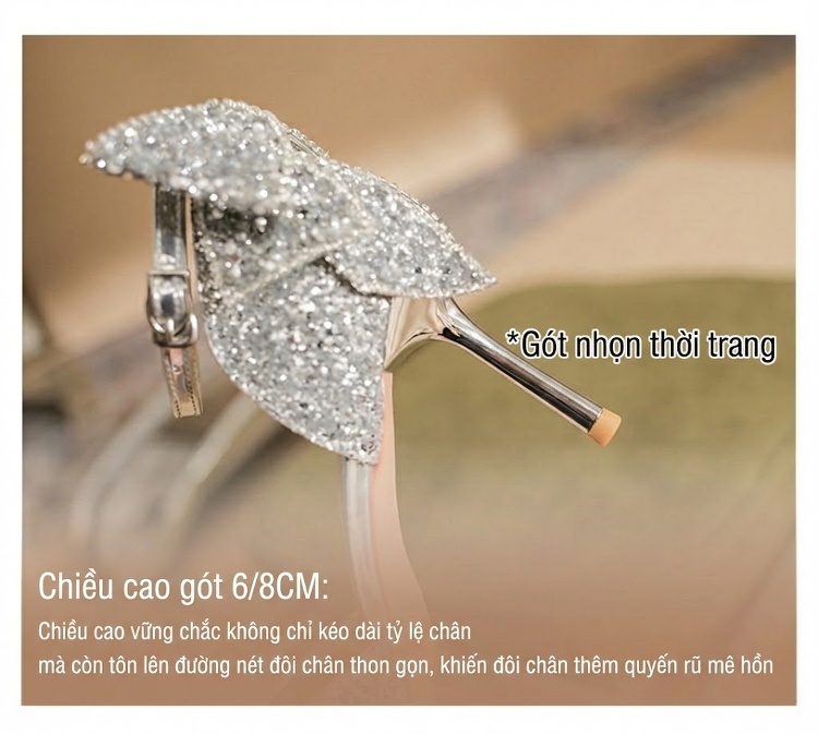 Giày Cao Gót Nữ Mũi Nhọn Đính Đá Chiều Cao Đế 6.5cm Quai Mảnh Nơ Bướm Màu Bạc chi tiết 9