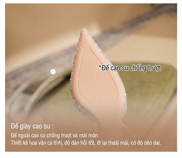 Giày Cao Gót Nữ Mũi Nhọn Đính Đá Chiều Cao Đế 6.5cm Quai Mảnh Nơ Bướm Màu Bạc chi tiết 10