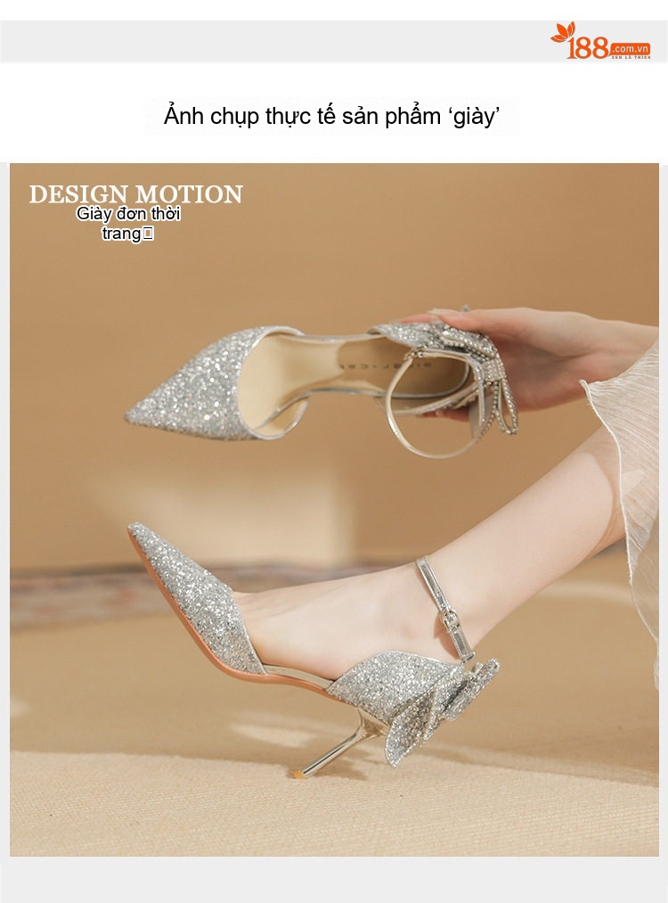 Giày Cao Gót Nữ Mũi Nhọn Đính Đá Chiều Cao Đế 6.5cm Quai Mảnh Nơ Bướm Màu Bạc chi tiết 11