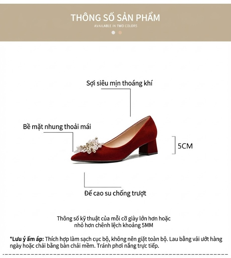 Giày Cao Gót Nữ Mũi Nhọn Đính Đá Chiều Cao Đế Khoảng 5cm Màu Trắng, Đỏ chi tiết 4