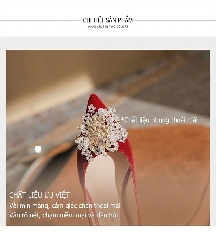 Giày Cao Gót Nữ Mũi Nhọn Đính Đá Chiều Cao Đế Khoảng 5cm Màu Trắng, Đỏ chi tiết 7