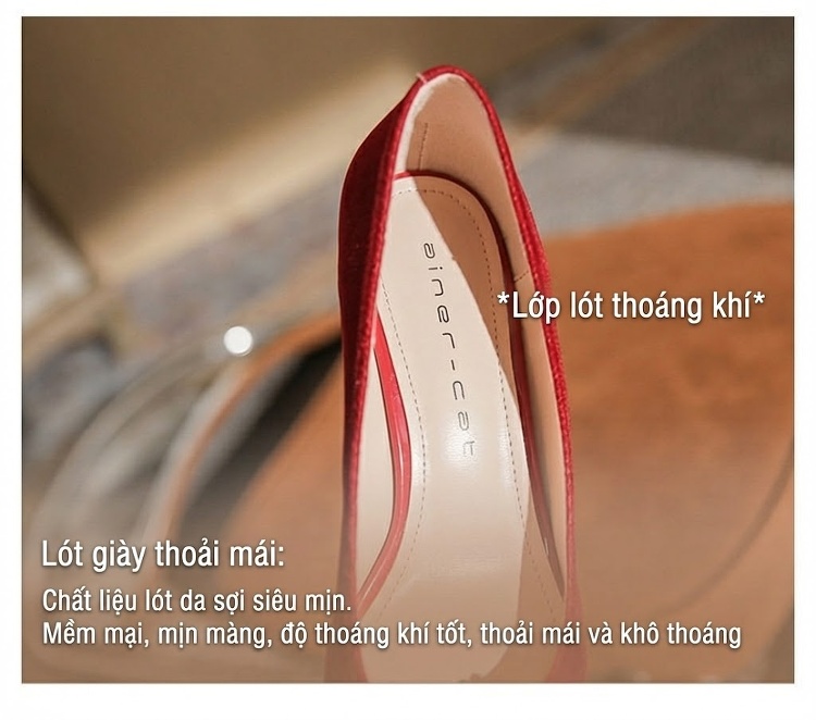 Giày Cao Gót Nữ Mũi Nhọn Đính Đá Chiều Cao Đế Khoảng 5cm Màu Trắng, Đỏ chi tiết 8