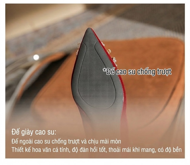 Giày Cao Gót Nữ Mũi Nhọn Đính Đá Chiều Cao Đế Khoảng 5cm Màu Trắng, Đỏ chi tiết 10