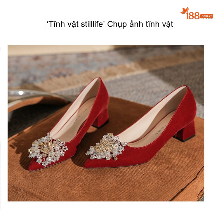 Giày Cao Gót Nữ Mũi Nhọn Đính Đá Chiều Cao Đế Khoảng 5cm Màu Trắng, Đỏ chi tiết 24