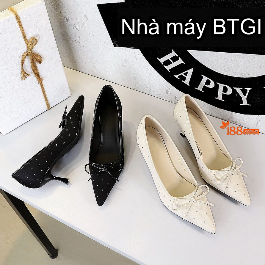 Giày Cao Gót Nữ Mũi Nhọn Đính Đá Chiều Cao Đế Khoảng 5cm Thiết Kế Nơ Màu Đen, Kem