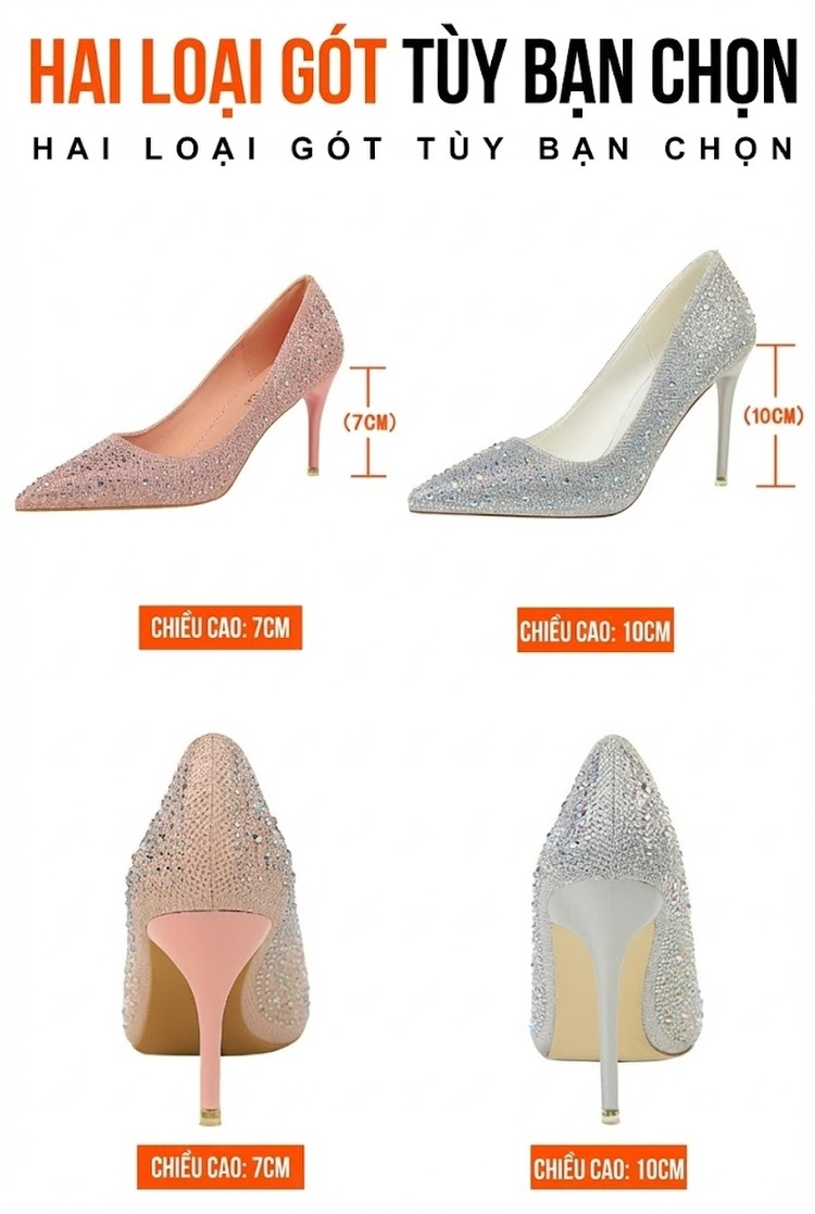 Giày Cao Gót Nữ Mũi Nhọn Đính Đá Chiều Cao Đế Khoảng 7cm Màu Hồng, Vàng, Đen, Bạc... chi tiết 26