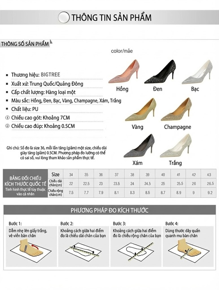 Giày Cao Gót Nữ Mũi Nhọn Đính Đá Chiều Cao Đế Khoảng 7cm Màu Hồng, Vàng, Đen, Bạc... chi tiết 1