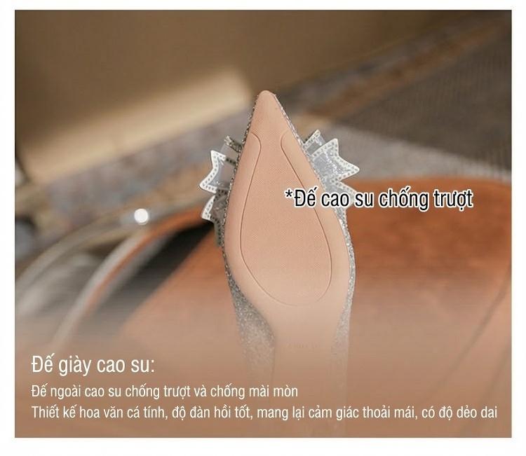 Giày Cao Gót Nữ Mũi Nhọn Đính Đá Cưới Cô Dâu Chiều Cao Đế 8cm Màu Bạc chi tiết 10