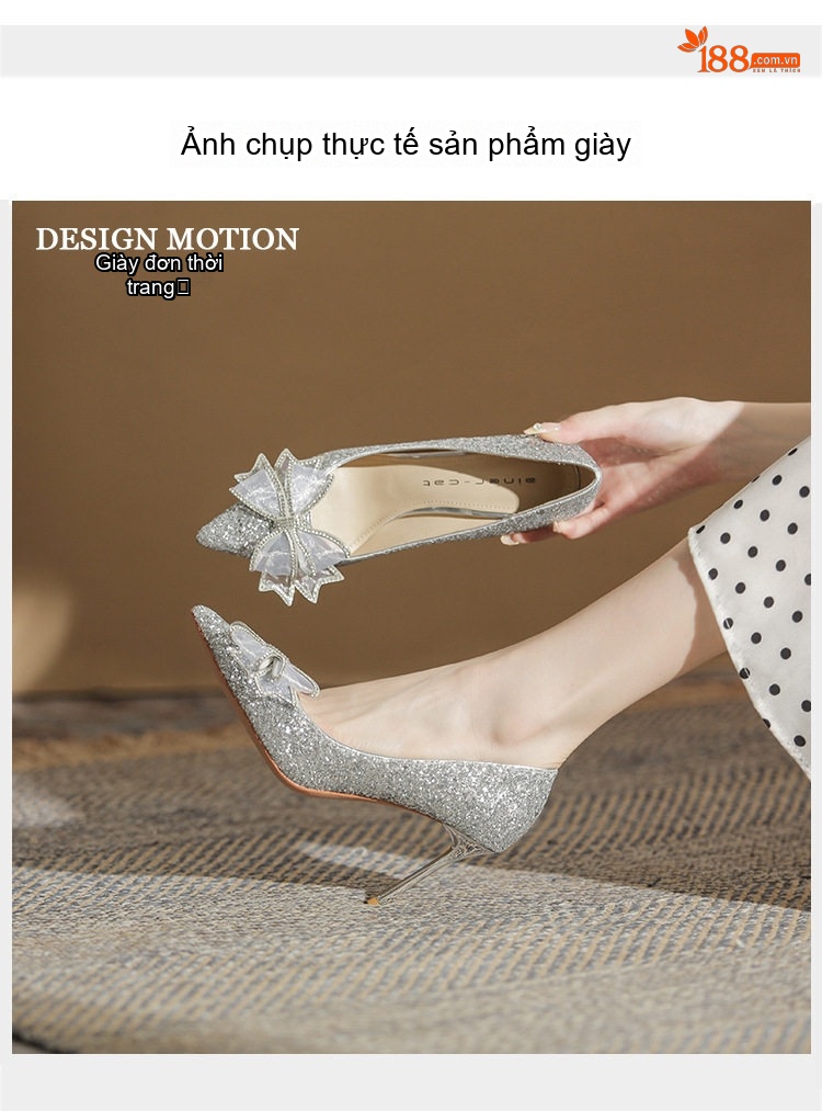 Giày Cao Gót Nữ Mũi Nhọn Đính Đá Cưới Cô Dâu Chiều Cao Đế 8cm Màu Bạc chi tiết 11