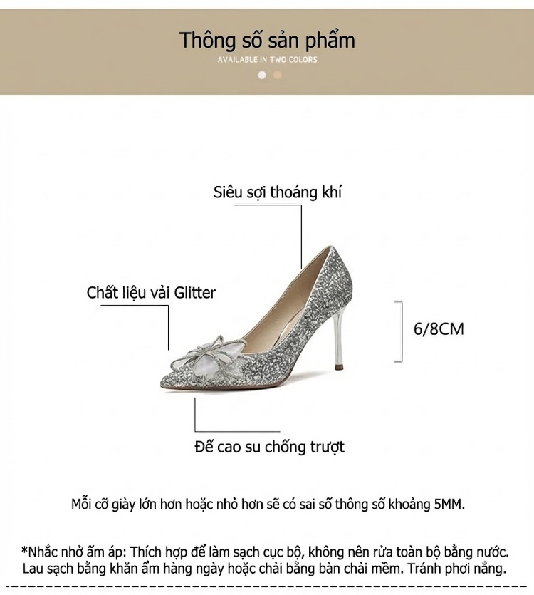 Giày Cao Gót Nữ Mũi Nhọn Đính Đá Cưới Cô Dâu Chiều Cao Đế 8cm Màu Bạc chi tiết 4
