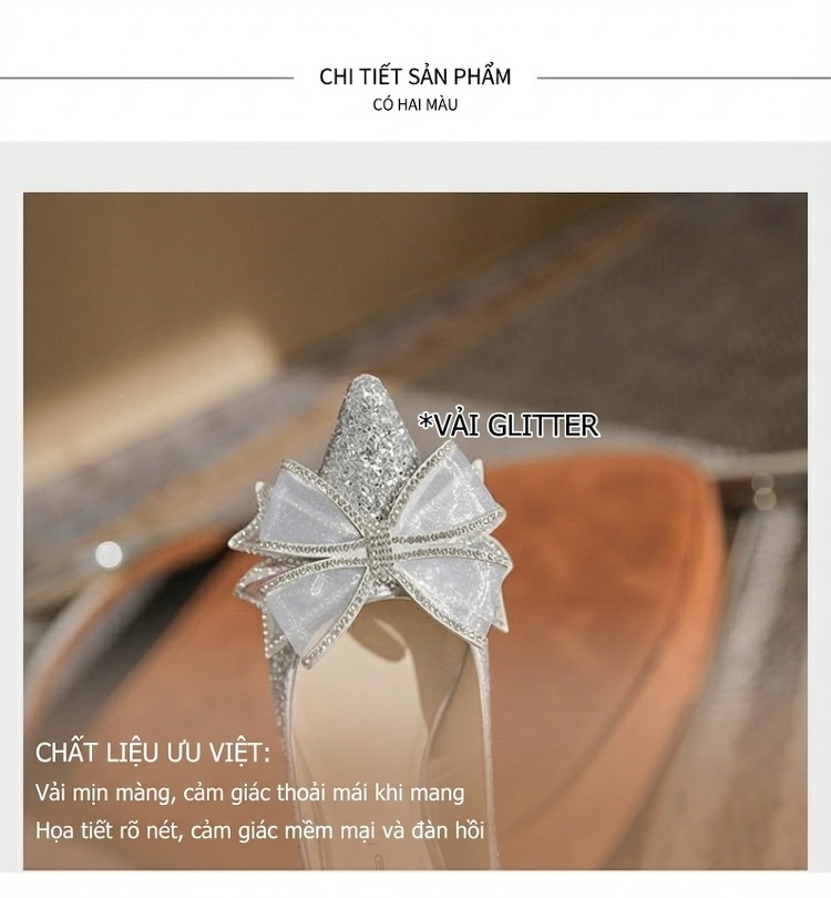 Giày Cao Gót Nữ Mũi Nhọn Đính Đá Cưới Cô Dâu Chiều Cao Đế 8cm Màu Bạc chi tiết 7
