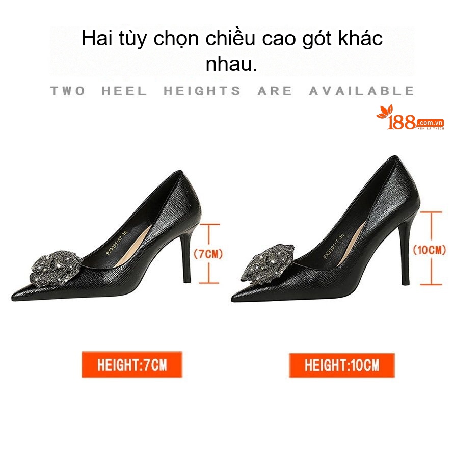 Giày Cao Gót Nữ Mũi Nhọn Đính Đá Hoa Hồng Chiều Cao Đế 7cm/10cm Phong Cách Âu Mỹ Màu Đen, Vàng Đồng, Bạc