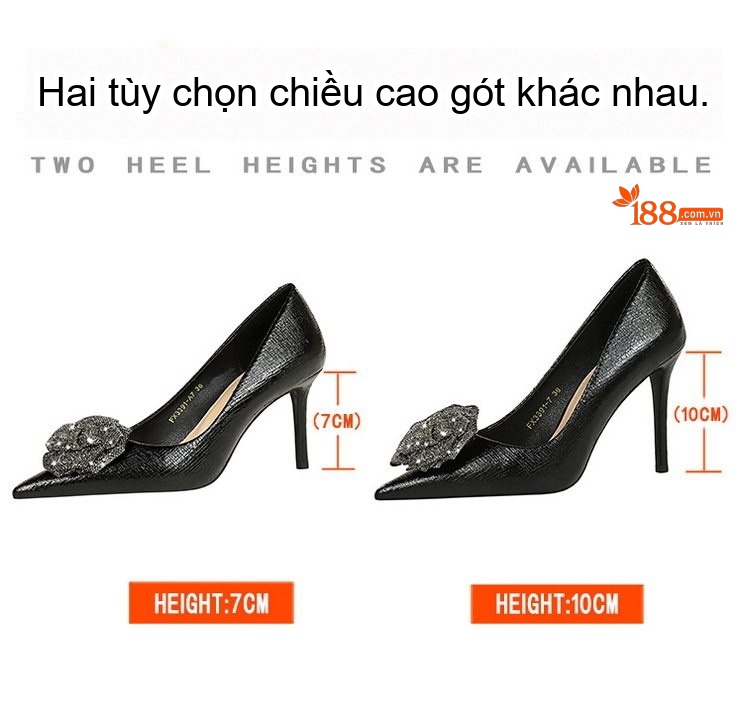 Giày Cao Gót Nữ Mũi Nhọn Đính Đá Hoa Hồng Chiều Cao Đế 7cm/10cm Phong Cách Âu Mỹ Màu Đen, Vàng Đồng, Bạc chi tiết 2