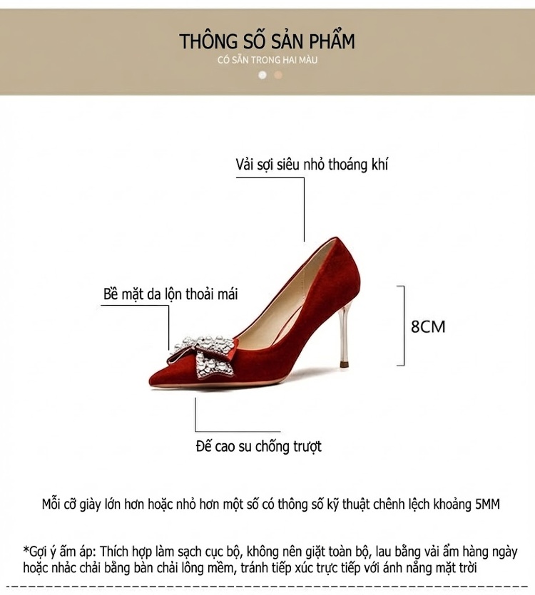 Giày Cao Gót Nữ Mũi Nhọn Đính Đá, Ngọc Trai, Nơ Chiều Cao Đế 8cm Màu Đỏ chi tiết 4