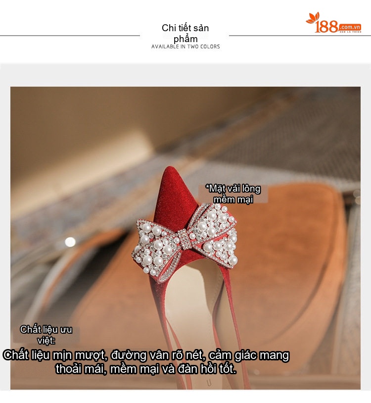 Giày Cao Gót Nữ Mũi Nhọn Đính Đá, Ngọc Trai, Nơ Chiều Cao Đế 8cm Màu Đỏ chi tiết 7