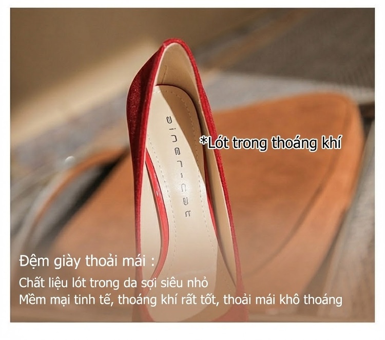 Giày Cao Gót Nữ Mũi Nhọn Đính Đá, Ngọc Trai, Nơ Chiều Cao Đế 8cm Màu Đỏ chi tiết 8