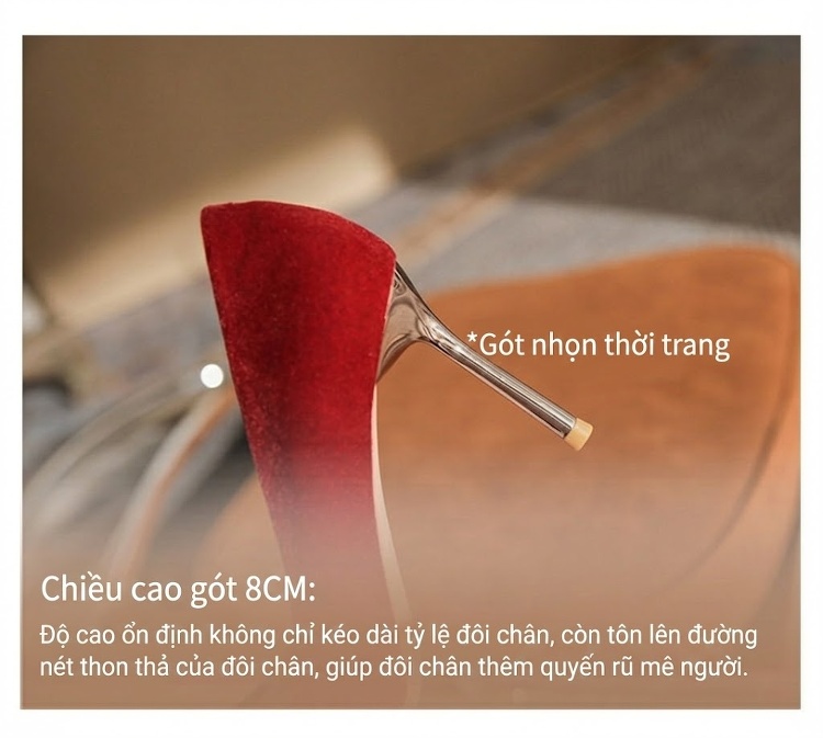Giày Cao Gót Nữ Mũi Nhọn Đính Đá, Ngọc Trai, Nơ Chiều Cao Đế 8cm Màu Đỏ chi tiết 9