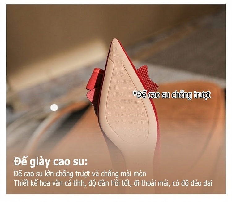 Giày Cao Gót Nữ Mũi Nhọn Đính Đá, Ngọc Trai, Nơ Chiều Cao Đế 8cm Màu Đỏ chi tiết 10