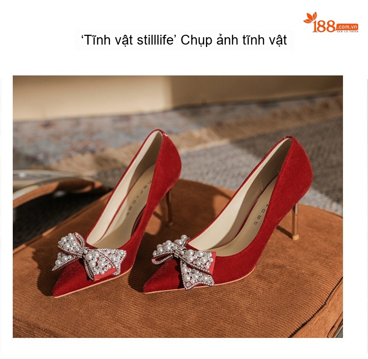 Giày Cao Gót Nữ Mũi Nhọn Đính Đá, Ngọc Trai, Nơ Chiều Cao Đế 8cm Màu Đỏ chi tiết 17