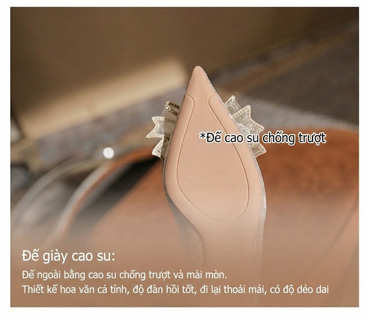 Giày Cao Gót Nữ Mũi Nhọn Đính Đá và Nơ Chiều Cao Đế 8cm Màu Trắng chi tiết 9