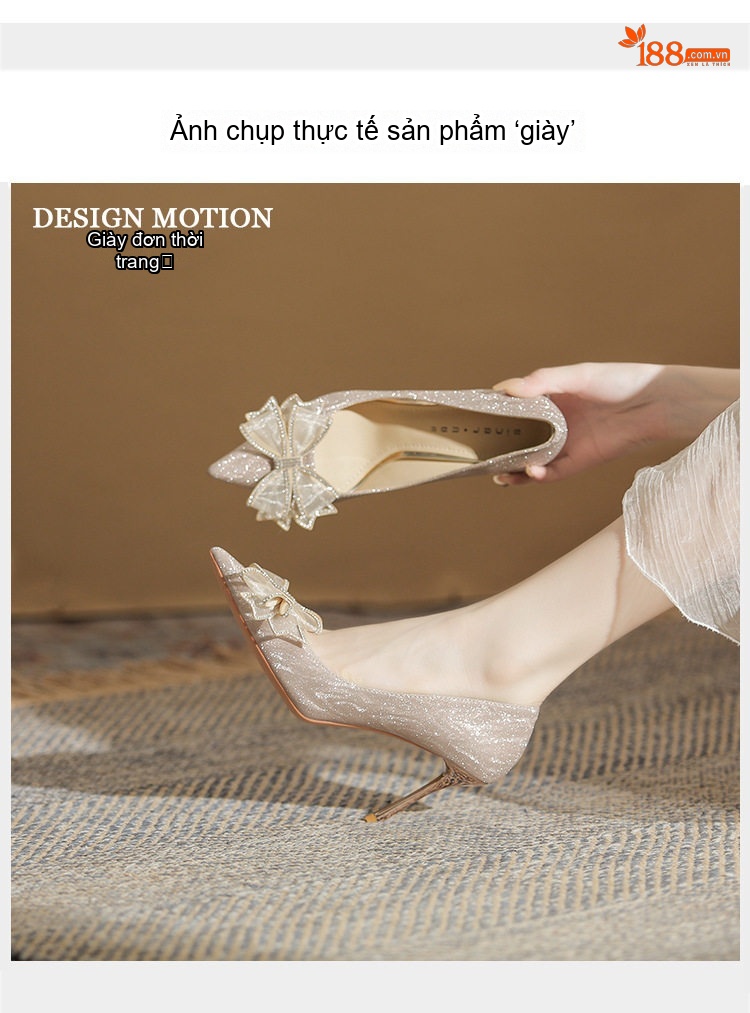Giày Cao Gót Nữ Mũi Nhọn Đính Đá và Nơ Chiều Cao Đế 8cm Màu Trắng chi tiết 10