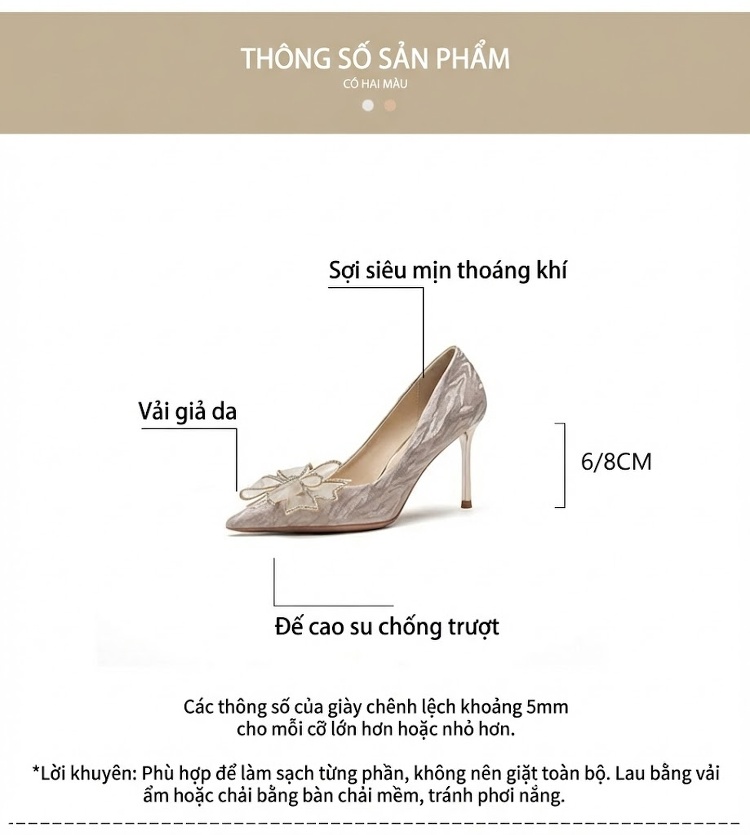 Giày Cao Gót Nữ Mũi Nhọn Đính Đá và Nơ Chiều Cao Đế 8cm Màu Trắng chi tiết 4