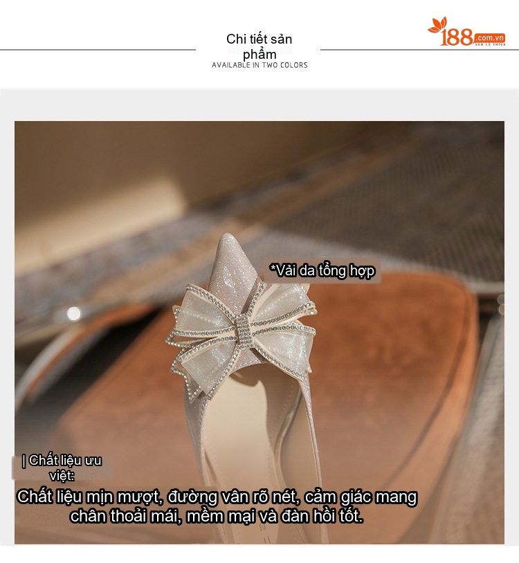 Giày Cao Gót Nữ Mũi Nhọn Đính Đá và Nơ Chiều Cao Đế 8cm Màu Trắng chi tiết 7