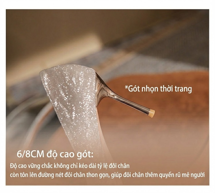 Giày Cao Gót Nữ Mũi Nhọn Đính Đá và Nơ Chiều Cao Đế 8cm Màu Trắng chi tiết 8